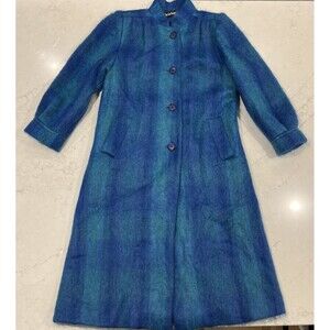 Paul Levy Vintage Blue Purple Green Plaid Striped Mohair Wool Coat Long 44” Bust